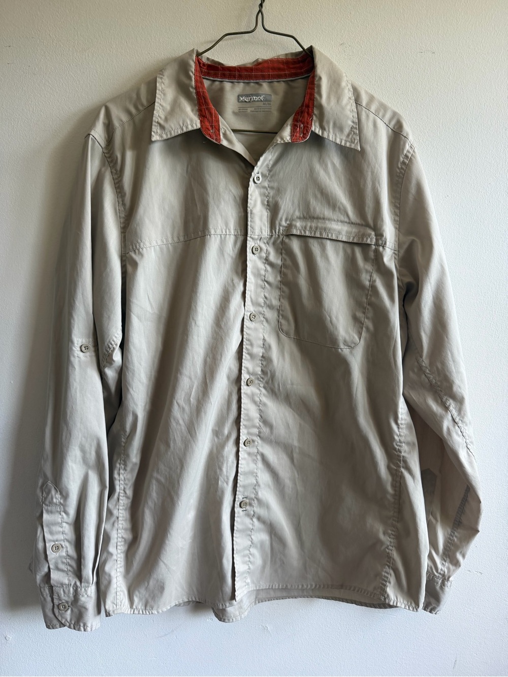 Marmot Light Gray Button-Up Jacket with Red Collar Trim